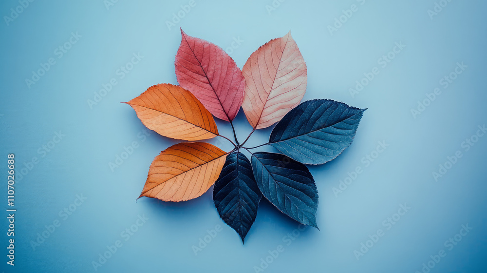 Fototapeta premium Autumn Leaves Circle: A Vibrant Display of Nature's Colors on Blue
