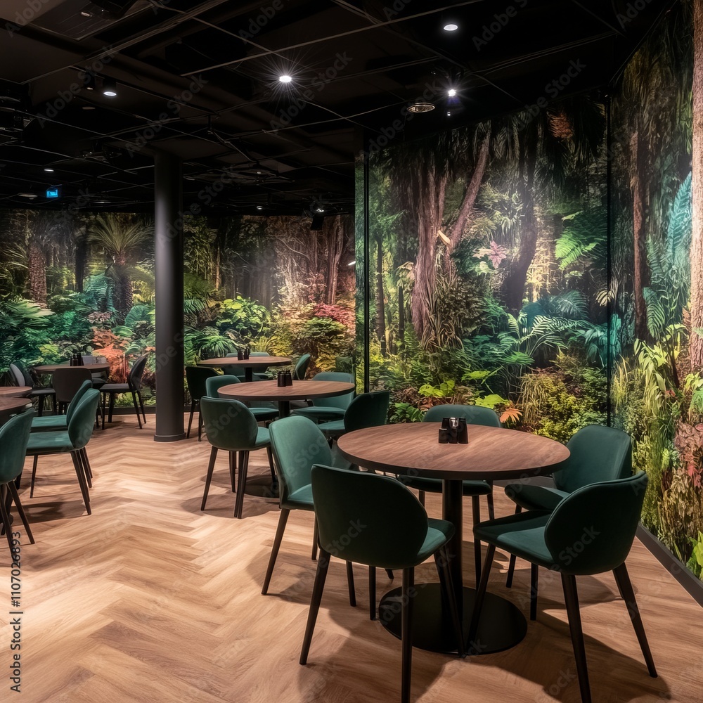 Fototapeta premium Modern restaurant interior with lush jungle mural, dark wood floors, and green velvet chairs.