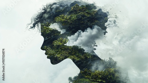 Nature's harmony woman's silhouette merging with lush forest ethereal environment conceptual art perspective