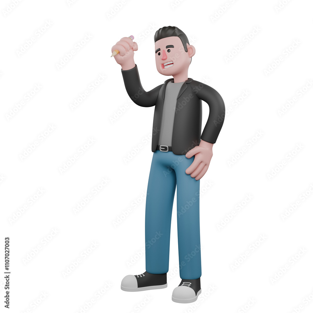 Fototapeta premium Cartoon-Style 3D Model. A male screenwriter stands with both hands open, happy expression. 3D Design