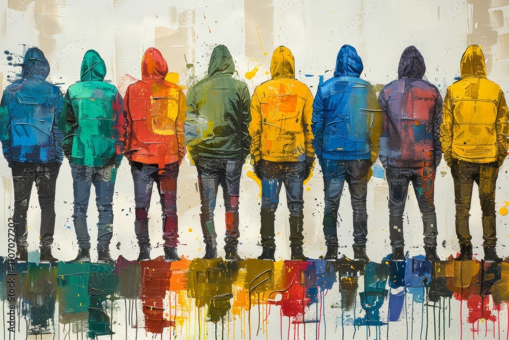 Naklejka premium Abstract art of seven hooded figures in colorful jackets, representing individuality and unity through vibrant color splashes