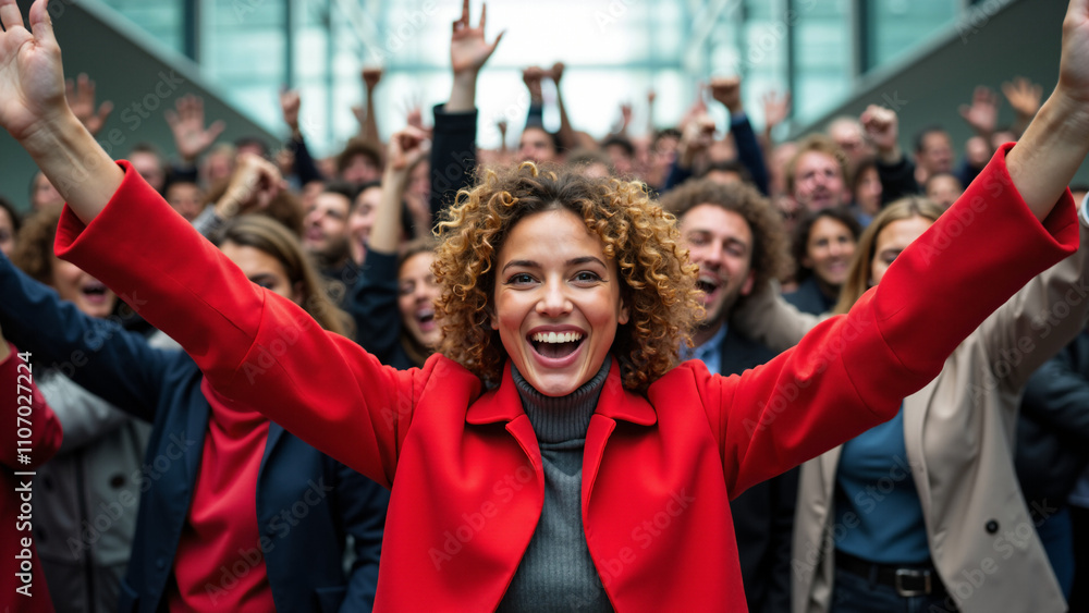 Diverse Crowd Celebrates with Joy: Woman in Red Coat Leads Excitement. Perfect for Event Marketing Diverse Crowd Celebrates with Joy: Woman in Red Coat Leads Excitement. Perfect for Event Marketing