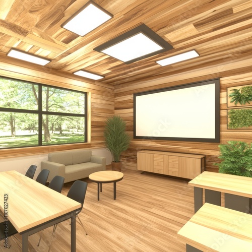 Modern wooden room with screen, seating, and plants.