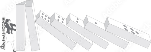 Businesswoman touching the first domino in the row and all the other dominoes falling down in a chain