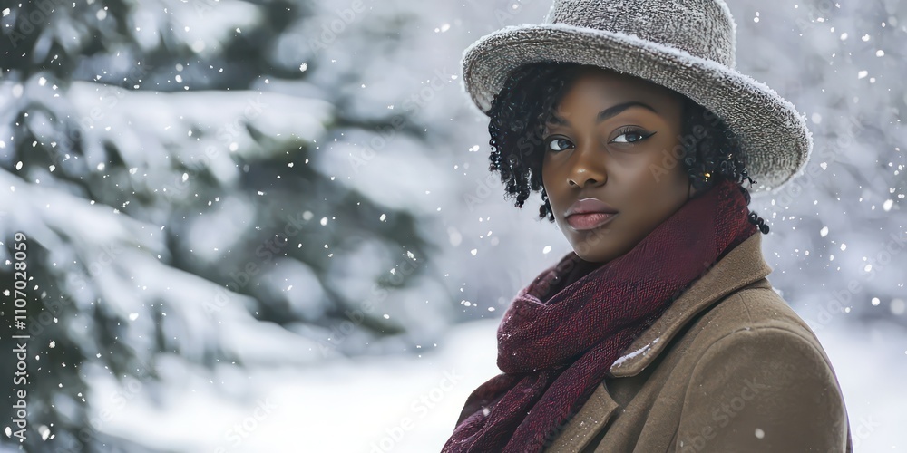 A model dressed in cozy winter attire, including a warm coat, scarf, and hat, with a snowy background. A model dressed in cozy winter attire, including a warm coat, scarf, and hat, with a snowy background.