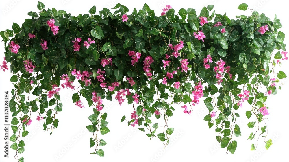 Fototapeta premium Lush Green Vines with Delicate Pink Flowers Cascading Down