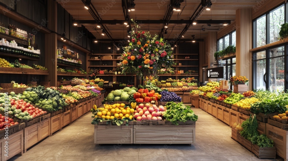 Fototapeta premium A vibrant grocery store filled with fresh fruits and vegetables, showcasing a colorful floral display.