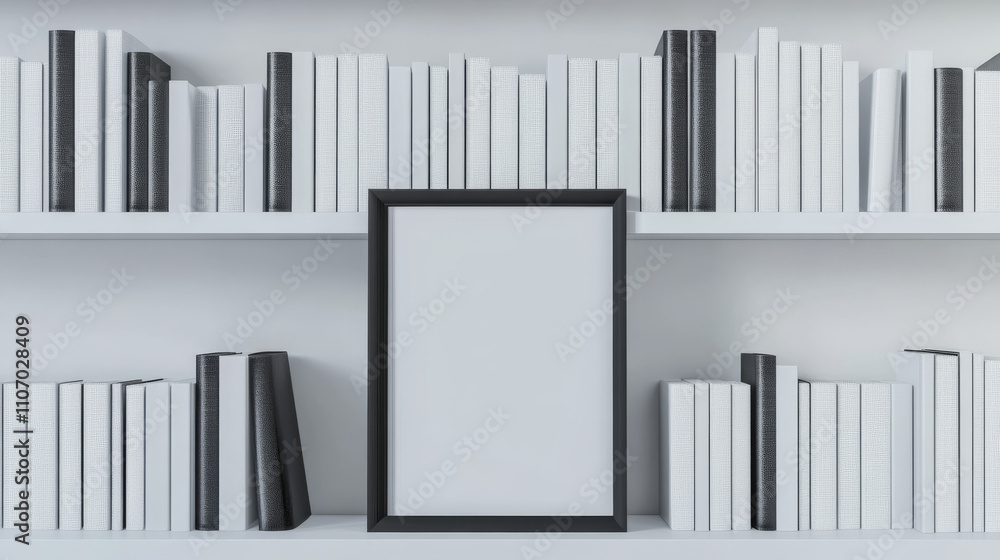 Empty photo frames standing on white shelf. Vector realistic mockup of interior decoration with blank pictures with white and black border. Bookshelf with image frames for home, gallery or portfolio Empty photo frames standing on white shelf. Vector realistic mockup of interior decoration with blank pictures with white and black border. Bookshelf with image frames for home, gallery or portfolio