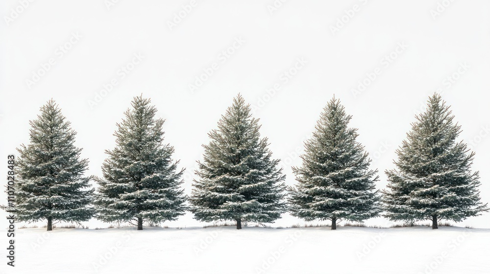 Five Snow-Covered Evergreen Trees in a Row Five Snow-Covered Evergreen Trees in a Row