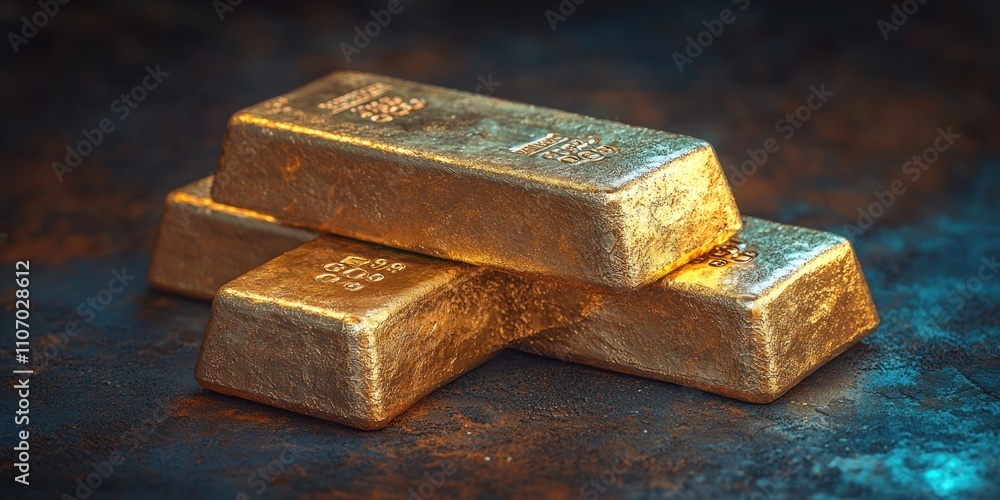 Three Gold Bars Stacked on a Rusted Metal Surface Three Gold Bars Stacked on a Rusted Metal Surface