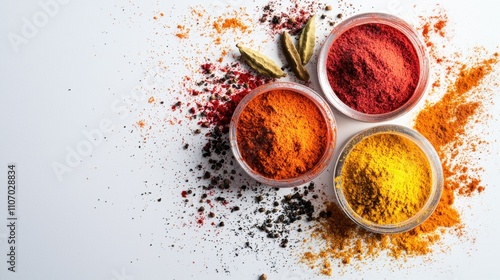 Fototapeta Naklejka Na Ścianę i Meble -  Vibrant spice selection kitchen counter food photography bright environment overhead view culinary inspiration