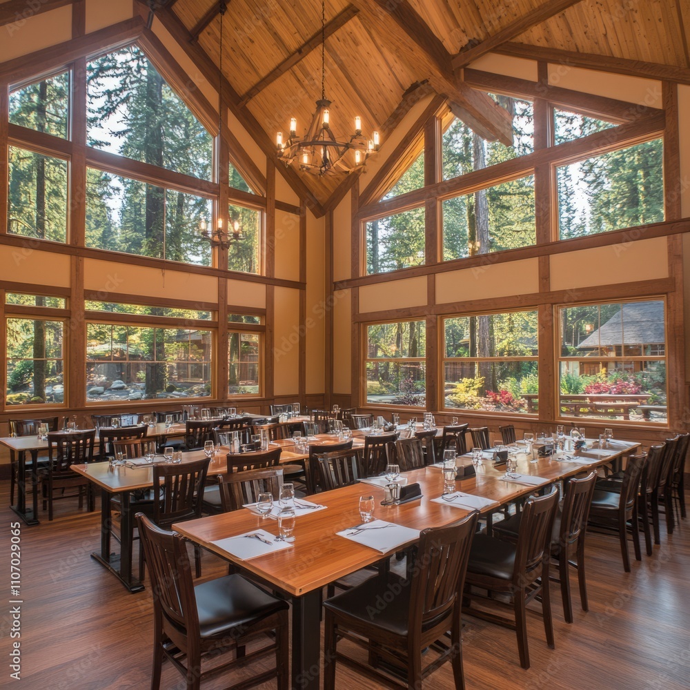 Obraz premium Spacious dining hall with large windows overlooking a lush green forest. Long wooden tables are set for a gathering or event.