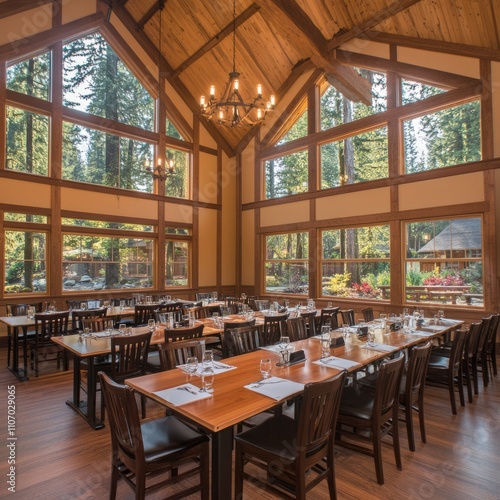 Spacious dining hall with large windows overlooking a lush green forest. Long wooden tables are set for a gathering or event.