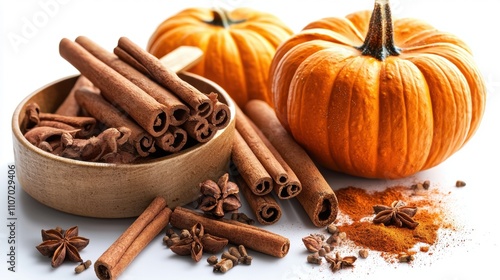 Fototapeta Naklejka Na Ścianę i Meble -  Harvesting autumn flavors pumpkin and spices arrangement kitchen food styling cozy atmosphere close-up seasonal vibes