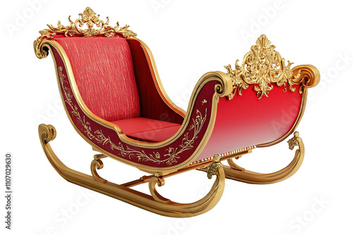 A red sleigh with gold trim and a red seat. on transparent background.