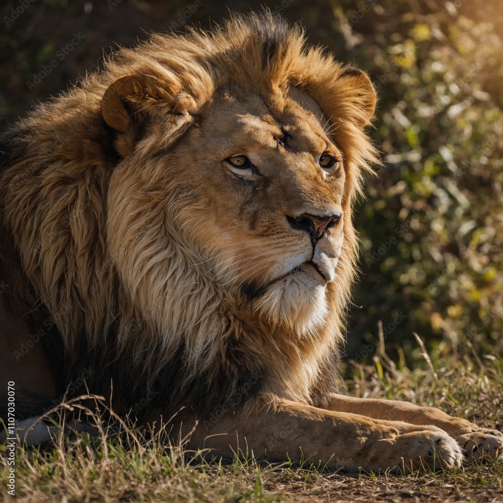 A majestic lion resting under the sun.
A majestic lion resting under the sun.