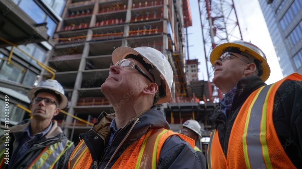 A group of code inspectors peer up at a tall skyser examining the materials used in its construction and ensuring they meet the required fireresistant standards. A group of code inspectors peer up at a tall skyser examining the materials used in its construction and ensuring they meet the required fireresistant standards.
