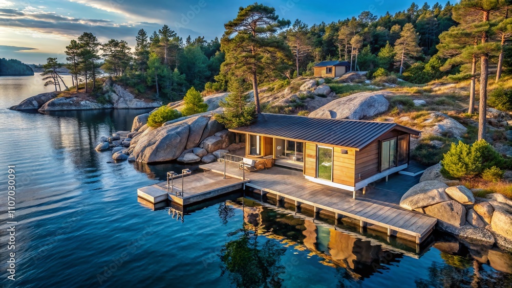 Fototapeta premium Minimalist Scandinavian Retreat in Swedish Archipelago with Baltic Blue Waters and Natural Elements, Showcasing Simple Elegance and Harmonious Design in Serene Outdoor Setting