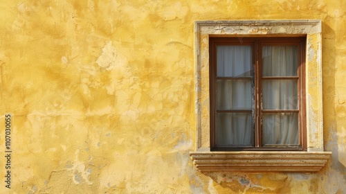 Antique brown window against pale yellow wall with blank area