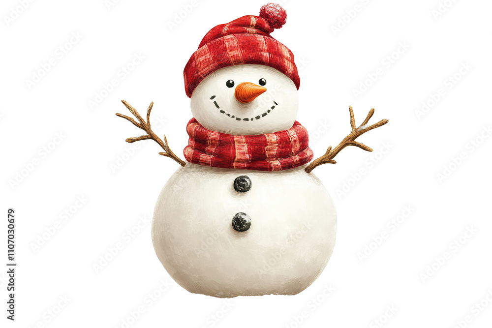 A snowman with a red scarf and hat is smiling. on transparent background. A snowman with a red scarf and hat is smiling. on transparent background.
