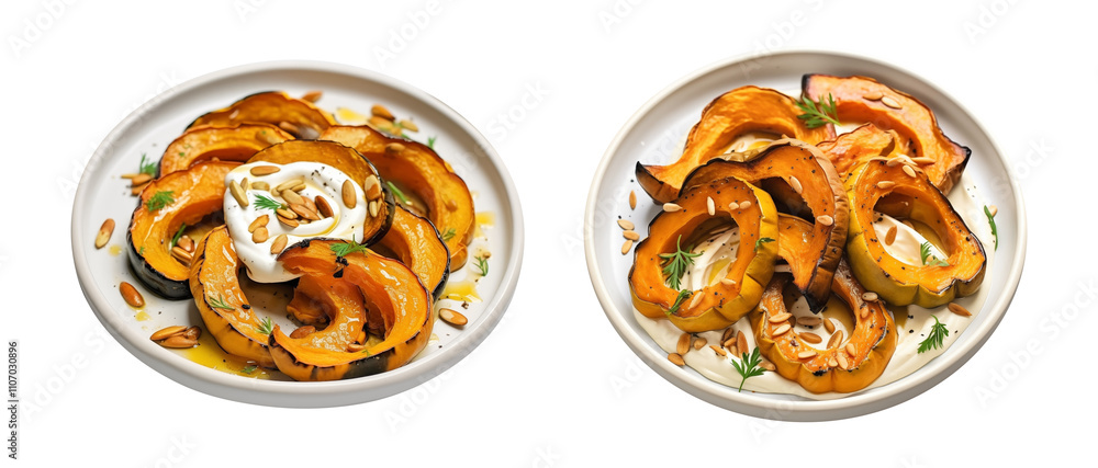 Roasted Pumpkin Slices with Seeds and Cream Garnish Roasted Pumpkin Slices with Seeds and Cream Garnish