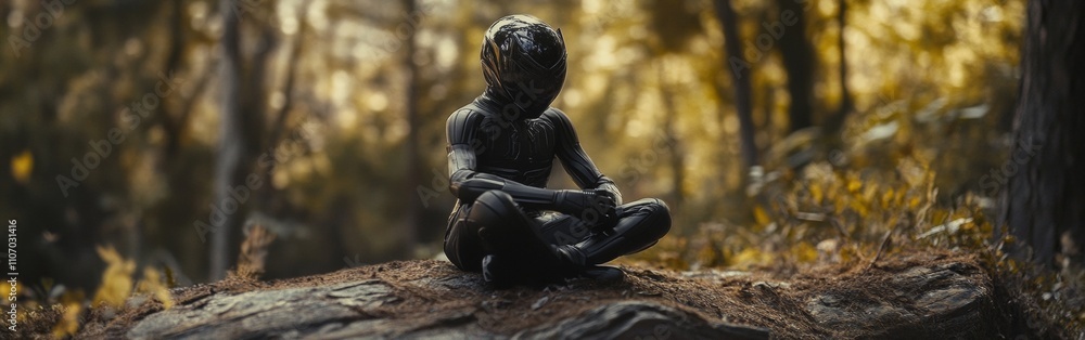 A small sculpture of a child sits cross-legged on a rock surrounded by tall trees with golden leaves. The peaceful atmosphere suggests a moment of reflection and tranquility A small sculpture of a child sits cross-legged on a rock surrounded by tall trees with golden leaves. The peaceful atmosphere suggests a moment of reflection and tranquility