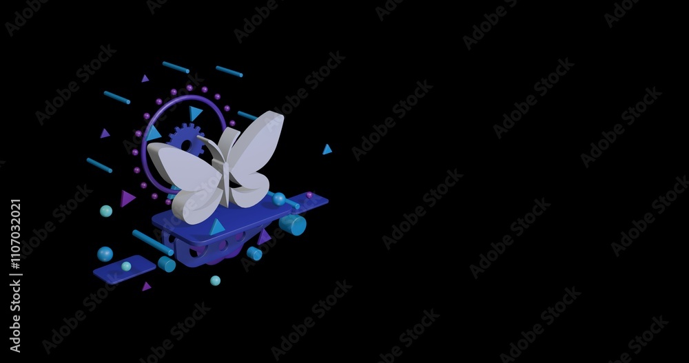 Obraz premium White butterfly symbol on a pedestal of abstract geometric shapes floating in the air. Abstract concept art with flying shapes on the left. 3d illustration on black background