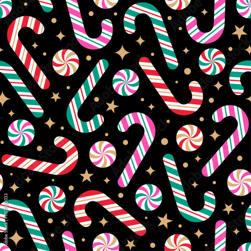 Candy cane and candy with gold star seamless pattern design for christmas and new year holidays background.