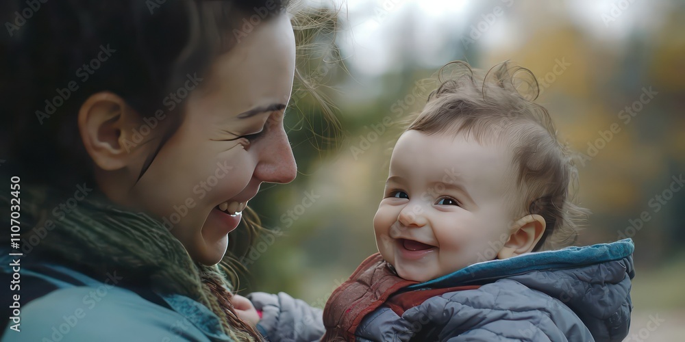 Fototapeta premium A mother holding her smiling baby, both looking at each other with love and happiness in their eyes.
