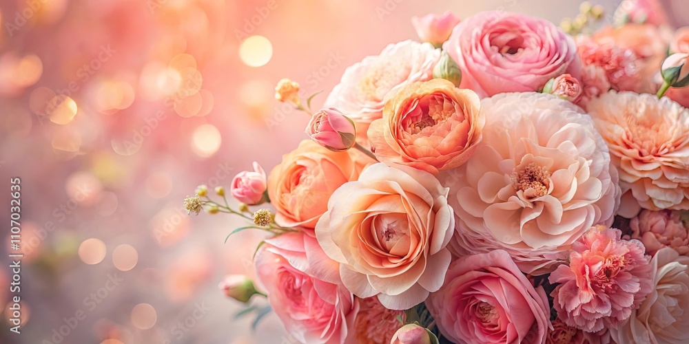 A Delicate Bouquet of Peach and Pink Roses and Other Blooms with a Soft Bokeh Background A Delicate Bouquet of Peach and Pink Roses and Other Blooms with a Soft Bokeh Background