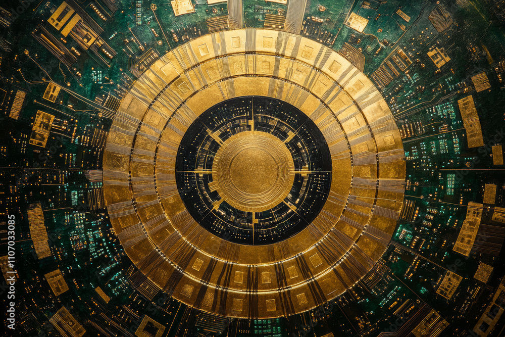 Fototapeta premium A golden and black circular pattern on circuit boards, with green hues in the background. The center of the circle is a large gold ring that resembles an ancient mystical symbol. 