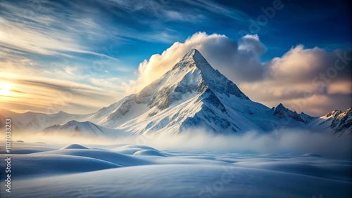 Majestic snow-capped peak at sunrise, a breathtaking winter landscape with clouds and fog in the valley