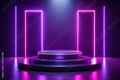 Minimal Podium Stage with Neon Glow on Purple Background for Modern Product Presentation and Display, Perfect for Showcasing Innovative Items and Captivating Audiences