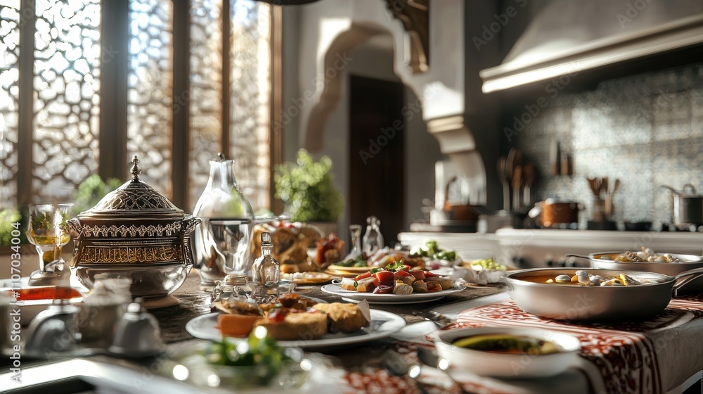 Feast of flavors exquisite cuisine spread in a sunlit kitchen culinary delight warm atmosphere inviting viewpoint Feast of flavors exquisite cuisine spread in a sunlit kitchen culinary delight warm atmosphere inviting viewpoint