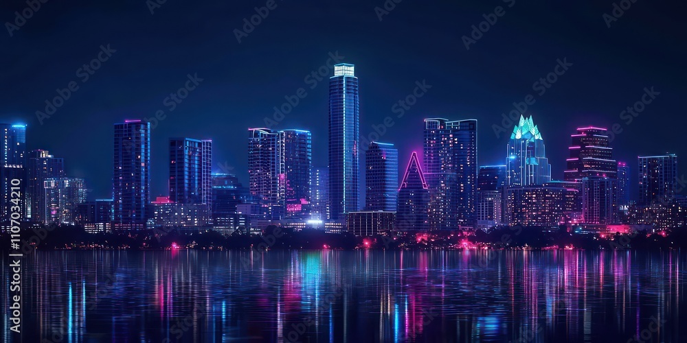 Fototapeta premium A night view of Austin, showcasing the cityâ€™s vibrant skyline with lights on tall buildings.