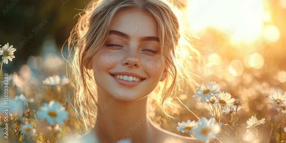 Fototapeta premium Portrait of a Woman with Freckles Smiling in a Field of Daisies