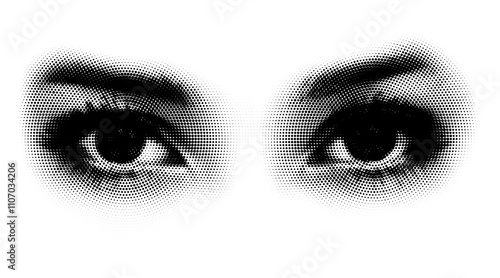Vector circular halftone eyes, frontal close-up view. Dotted pattern girl eye illustration.
