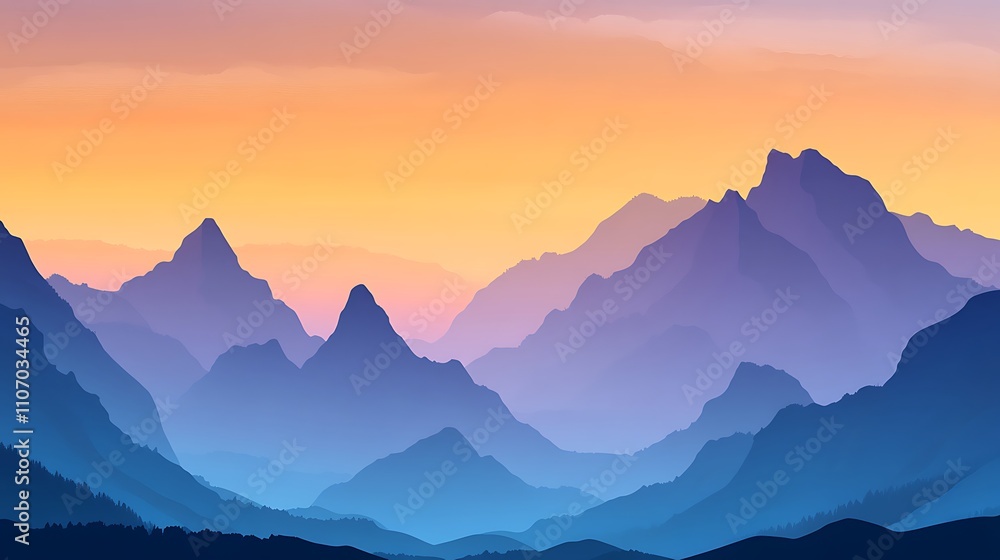 Fototapeta premium Serene Sunset over a Misty, Blue-Hued Mountain Range