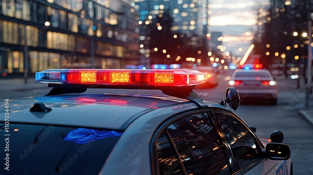 Obraz premium Police emergency response urban street photography evening cityscape close-up public safety awareness