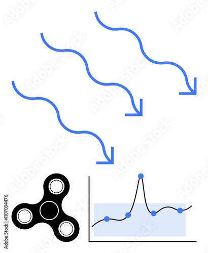 Waves fidget spinner and graph with points represent forces motion and statistics. Ideal for concepts of dynamics, movement, analysis, flow, trends, data representation, strategy. Line metaphor