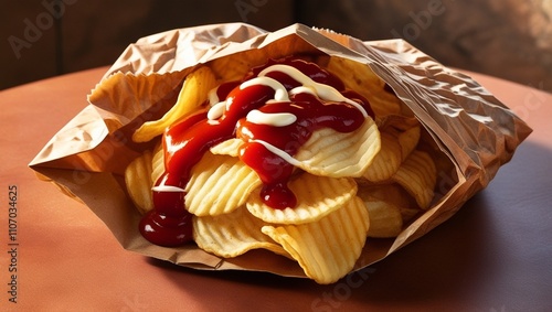 Potatoes chips with ketchup