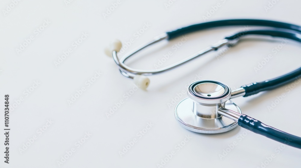 A close-up of a medical stethoscope placed on a white background, Clean and simple style, photo of A close-up of a medical stethoscope placed on a white background, Clean and simple style, photo of