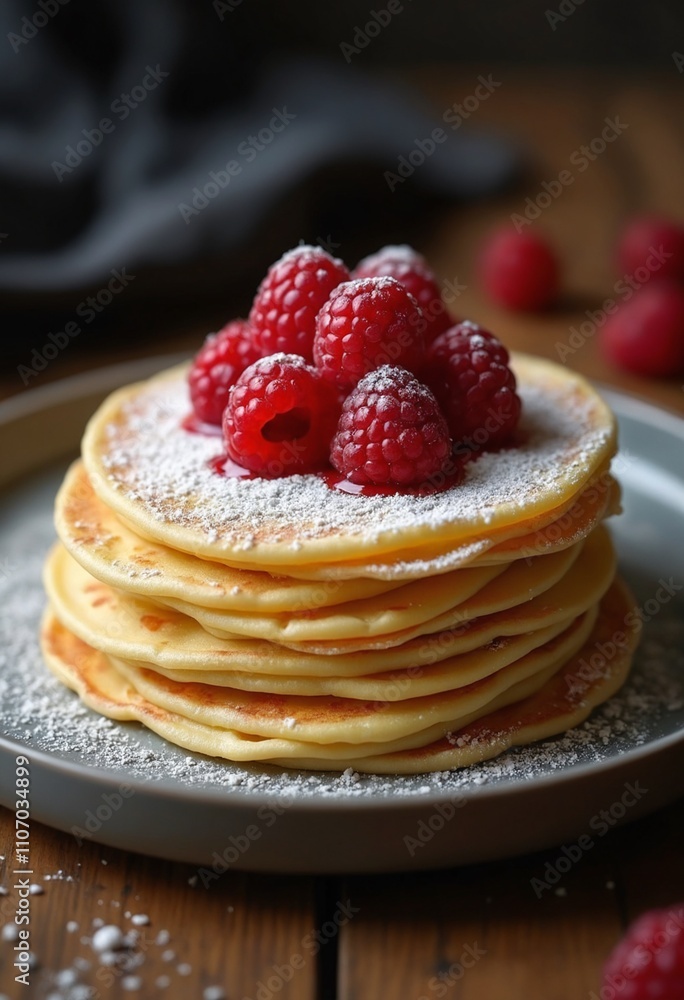Delicious Stack of Thin Crepes with Fresh Raspberry Topping on Rustic Wooden Table Delicious Stack of Thin Crepes with Fresh Raspberry Topping on Rustic Wooden Table
