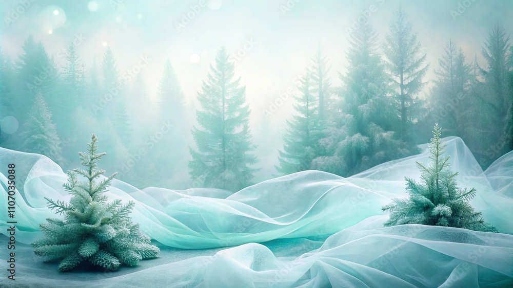 Obraz premium Enchanted Winter Wonderland Two Miniature Evergreens Nestled in Flowing, Light Blue Fabric Against a Misty Forest Backdrop