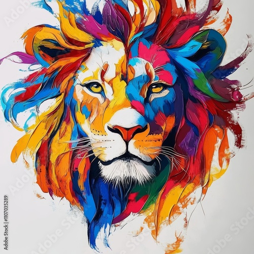 Pride of Color: A majestic lion's portrait explodes with vibrant hues, its mane a whirlwind of rainbow shades, capturing power, freedom, and artistic expression.  photo