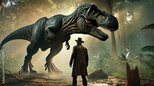 Man and dinasaur in a jungle