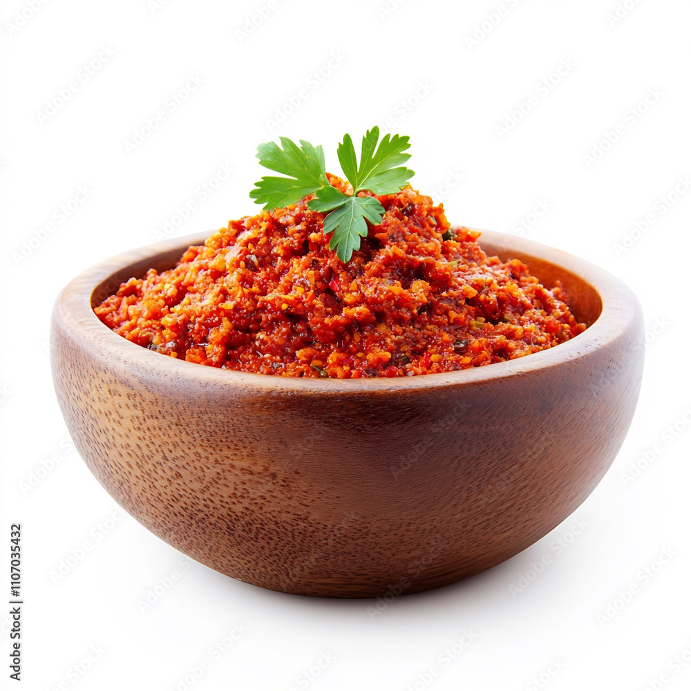Closeup of a Vibrant Indonesian Sambal Dish Served in a Ceramic Bowl on a White Background Closeup of a Vibrant Indonesian Sambal Dish Served in a Ceramic Bowl on a White Background