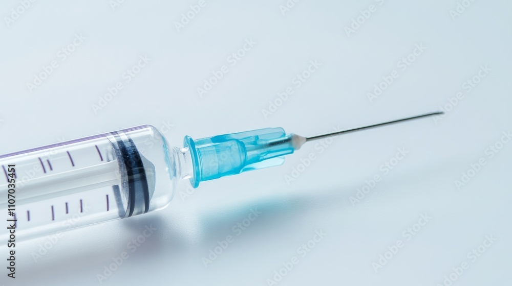 A close-up of a medical syringe with a clean white background, highlighting the tool used for injections and vaccinations, Clinical style