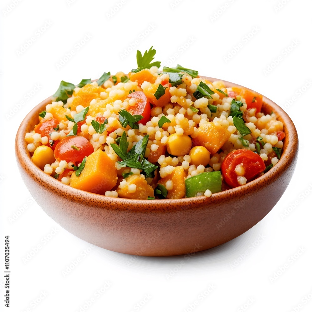 Macro Shot of Moroccan Side Dish Couscous in Ceramic Bowl on White Background Macro Shot of Moroccan Side Dish Couscous in Ceramic Bowl on White Background