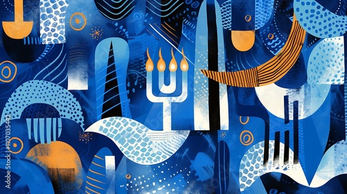 A bold artistic Hanukkah design featuring abstract menorah shapes and vibrant colors, blending modern art with traditional holiday symbols to create a unique, festive expression of the Jewish holiday. photo